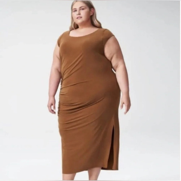 Universal Standard Rachel Ruched Midi Dress Caramel Brown Sleeveless Size 14/16 - Picture 2 of 13